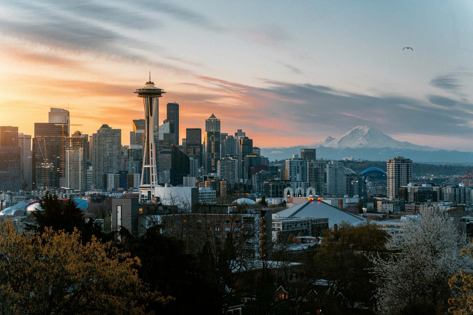 Seattle skyline and Space Needle at sunset with Mount Rainier behind